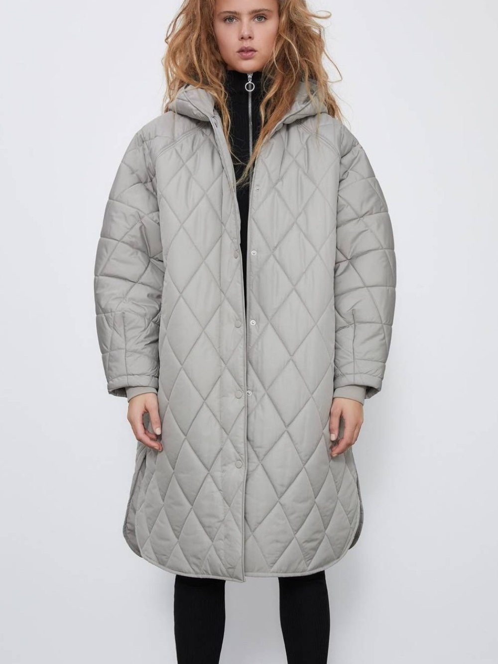 Zara Light Gray Quilted Hooded Long Line Puffer Coat